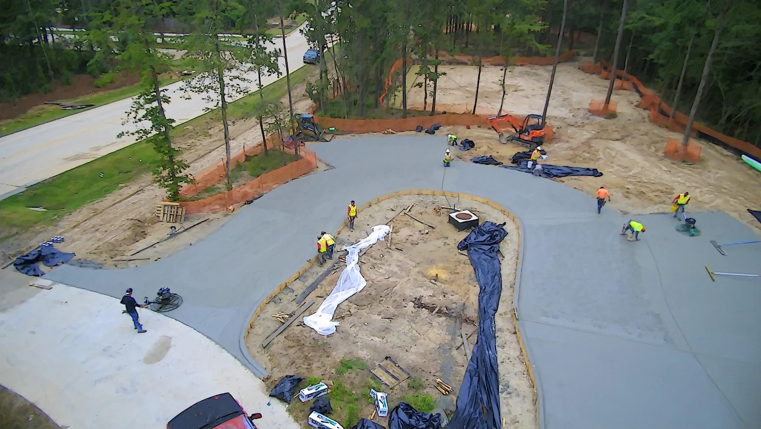 Aerial view of large-scale concrete flatwork.
